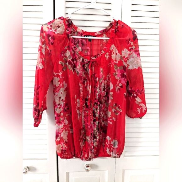 Express Womens sz M Boho Fuschia/Red/Pink Floral Sheer Top w/Ruffles Blouson - Picture 1 of 13